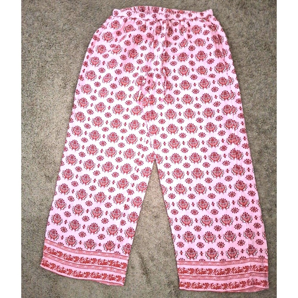 Rachel Zoe 100 % Linen Wide Leg Pull On Pants Medium Pink Red Batik Boho Print